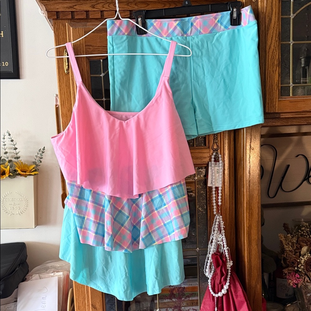 Pink and Blue Layered Tank Top with Plaid and Blue Shorts